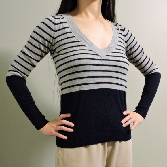 Club Monaco Gray & Dark Blue Striped V-Neck Wool Sweater, Size S - Picture 4 of 12